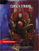 Cover of the Curse of Strahd D&D game by Wizards of the Coast. Features a dark, atmospheric illustration of a brooding character in a lavish throne, surrounded by playing cards and a raven, hinting at themes of mystery and horror in the Ravenloft setting.