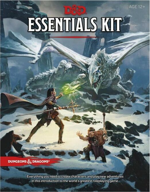 D&D Essentials Kit box cover featuring a fantasy scene with a male and female adventurer facing a dragon in a snowy environment. The male character is wielding a staff, while the female character holds a glowing green spell. The title 'D&D Essentials Kit' is prominently displayed at the top of the image.