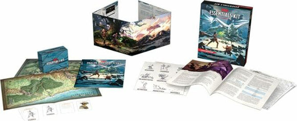 The D&D Essentials Kit by Wizards of the Coast includes a game box, player’s screen, maps, character sheets, and rulebooks. The vibrant artwork depicts a fantasy landscape with adventurers. It's designed for beginners and experienced players alike, providing all the essentials for an immersive tabletop gaming experience.