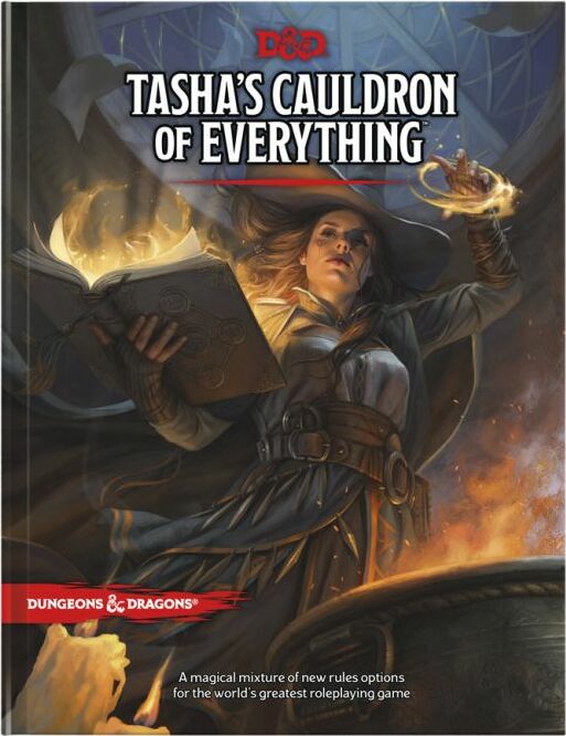 Cover of 'Tasha's Cauldron of Everything' from Dungeons & Dragons, featuring a powerful character in a flowing cloak, casting a spell with a book open in her hands, against a magical backdrop.