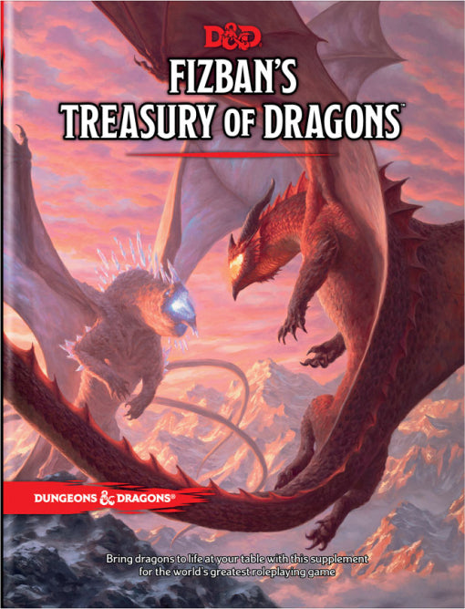 Cover of D&D: Fizban's Treasury of Dragons featuring a dramatic illustration of a blue dragon and a red dragon engaged in a fierce battle above a mountainous landscape, with the title prominently displayed at the top.