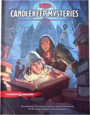 Candlekeep Mysteries book cover featuring two characters. One is examining a large open book, while the other stands behind, observing. The setting includes towering bookshelves and a mystical atmosphere, showcasing a blend of adventure and mystery in a Dungeons & Dragons theme.