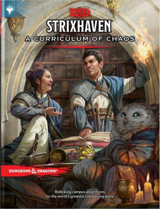 Cover of the Dungeons & Dragons book 'Strixhaven: A Curriculum of Chaos'. It features two characters in scholarly robes seated in a library, surrounded by magical artifacts. One character points excitedly while the other smiles, and an owl-like creature sits nearby, emphasizing the theme of mystical school adventures.