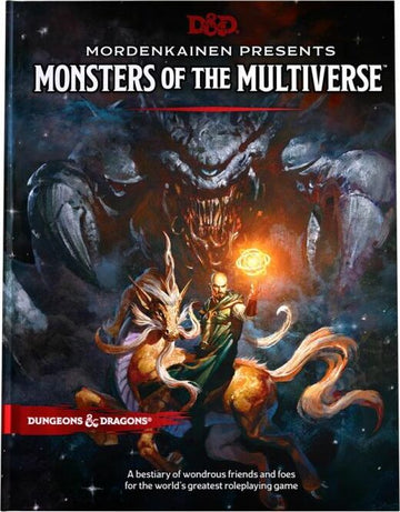 Cover of 'D&D: Monsters of the Multiverse' featuring Mordenkainen casting a spell while a unicorn stands beside him. In the background, a giant monstrous figure looms. The artwork showcases vibrant colors and fantastical elements, aimed at captivating Dungeons & Dragons enthusiasts.