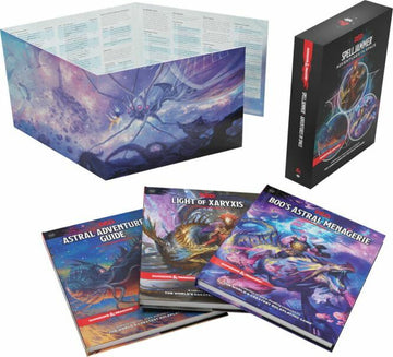 D&D: Spelljammer Adventures In product image featuring an illustrated game box and three accompanying adventure guide books: 'Astral Adventure Guide', 'Light of Xaryxis', and 'Boo's Astral Menagerie'. The box has vibrant space-themed artwork, showcasing a fantastical creature.