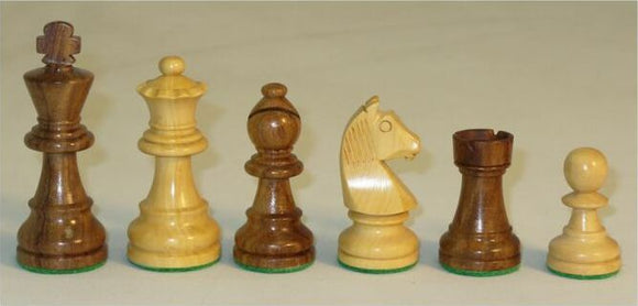 Set of beautifully crafted chess pieces made from acacia wood and boxwood, featuring a 3-inch king. The pieces include a king, queen, rook, knight, bishop, and pawn, each with a smooth finish and green felt bases, perfect for any chess enthusiast.