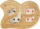 Wooden Cribbage board shaped like the number '29'. The board features three tracks for play, with card graphics showing a five of diamonds and five of spades alongside a jack of spades. Ideal for a fun family game night.