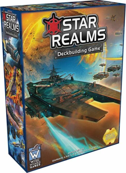 Star Realms Box Set by Wise Wizard Games, featuring vibrant artwork of space battles, starships, and planets. The package includes game components for an exciting deckbuilding experience.