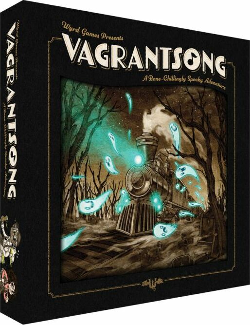 The game box for Vagrantsong by Wyrd Miniatures features a spooky train scene surrounded by ghostly apparitions in a dark forest. The cover art uses a monochromatic color palette with turquoise accents, creating an eerie and adventurous atmosphere. The title is prominently displayed at the top.