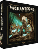 The game box for Vagrantsong by Wyrd Miniatures features a spooky train scene surrounded by ghostly apparitions in a dark forest. The cover art uses a monochromatic color palette with turquoise accents, creating an eerie and adventurous atmosphere. The title is prominently displayed at the top.