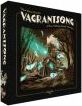 Vagrantsong board game box by WYRD MINIATURES, featuring intricate artwork depicting a mystical scene with characters amidst an enchanting forest landscape. The box is predominantly black with vibrant colors showcasing the game's themes of exploration and adventure.