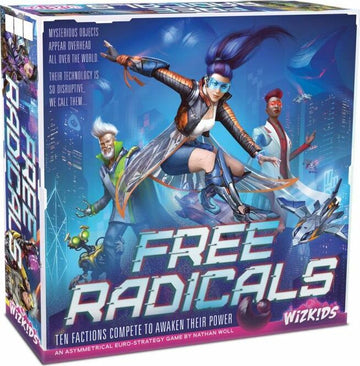 The board game 'Free Radicals' by WizKids features vibrant artwork depicting futuristic characters and technology. The box showcases three diverse characters, each with distinct styles: a woman in a sleek outfit with blue hair, a man with a white beard in a green outfit, and another character with red hair and a stylish jacket. The title 'Free Radicals' is prominently displayed in bold, dynamic lettering, enticing players into an asymmetrical euro-strategy experience.
