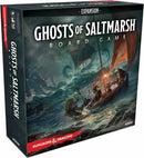 The box of 'Ghosts of Saltmarsh' board game features cinematic artwork depicting adventurers battling sea creatures on turbulent waters. The title is prominently displayed at the top, with the Dungeons & Dragons logo at the bottom left. The box is designed for fantasy gamers looking for immersive storytelling and adventures at sea.
