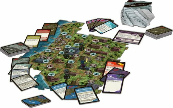 A tabletop game setup featuring the D&D: Ghosts of Saltmarsh Adventure. The game includes a detailed game board with tiles depicting a coastal setting, various cards laid out indicating different actions, and several miniature figures representing characters and creatures. The scene conveys an immersive gaming experience with a variety of strategic elements.