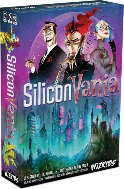 SiliconVania board game by WizKids featuring vibrant artwork, showcasing unique characters with gothic elements against a futuristic cityscape. The box art highlights the theme of technology mixed with classic vampire lore, designed by J.B. Howell and illustrated by The Mico.