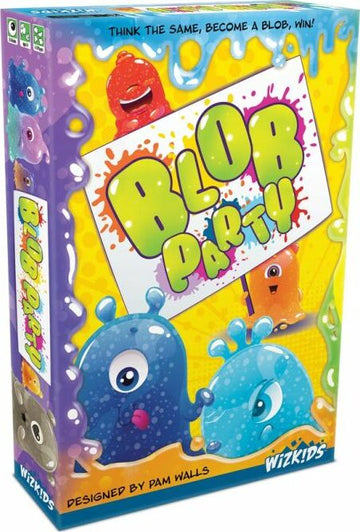 The Blob Party game by WizKids features vibrant packaging with a colorful design showcasing playful blob characters. The title 'Blob Party' is prominently displayed in bold letters, surrounded by splashes of color. This family-friendly game encourages players to think alike and win by becoming blobs.