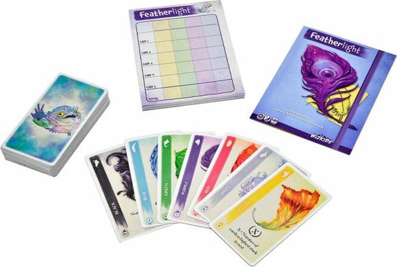 Featherlight game by Wizkids featuring a colorful deck of cards, a scoring sheet, and a guidebook. The game includes various cards with unique illustrations and vibrant colors, set on a clean, white background.