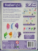 Featherlight game by Wizkids, featuring the whimsical story of Pauly, the little Potoo bird. The back of the box showcases gameplay instructions, which include drawing or swapping feather cards, discarding them into the nest, and scoring feathers to win. The vibrant artwork illustrates various colorful feathers and components of the game such as a scorepad and rulebook, designed for 1 to 4 players aged 8 and above, with an estimated playtime of 20 minutes.
