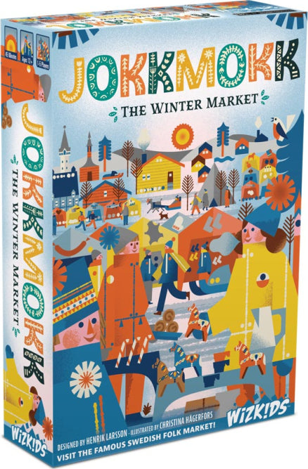 Jokkmokk: The Winter Market board game by WizKids, featuring colorful illustrations of a Swedish winter market with people, buildings, and nature elements. The vibrant box design captures the festive atmosphere of the famous Jokkmokk market, showcasing its traditional crafts and community spirit.