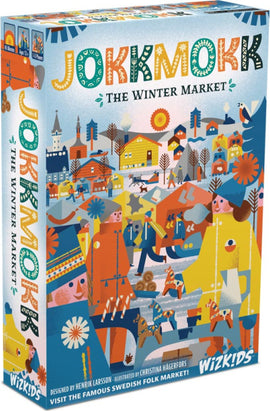 Jokkmokk: The Winter Market board game by WizKids, featuring colorful illustrations of a Swedish winter market with people, buildings, and nature elements. The vibrant box design captures the festive atmosphere of the famous Jokkmokk market, showcasing its traditional crafts and community spirit.
