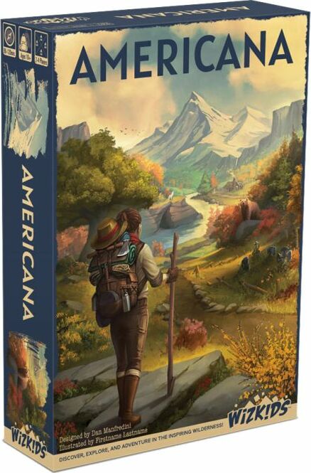 A beautifully illustrated box for the game 'Trail Story America' by WizKids, featuring a person with a backpack standing by a river in a mountainous landscape. The vibrant scenery includes lush greenery, majestic mountains, and trees in autumn colors, creating an inviting atmosphere of adventure and exploration.