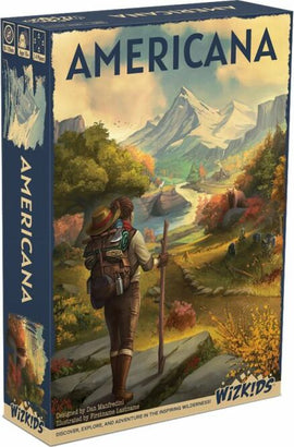 A beautifully illustrated box for the game 'Trail Story America' by WizKids, featuring a person with a backpack standing by a river in a mountainous landscape. The vibrant scenery includes lush greenery, majestic mountains, and trees in autumn colors, creating an inviting atmosphere of adventure and exploration.