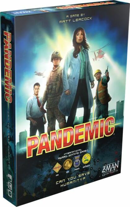 A vibrant box cover of the board game 'Pandemic' created by Z-Man Games. The artwork features four diverse characters representing different roles in a global health crisis, with a dramatic backdrop of cities and planes. The title 'Pandemic' is prominently displayed in bold red letters, emphasizing teamwork and strategy to save humanity. The box also showcases multiple award symbols, indicating its recognition in the board game community.