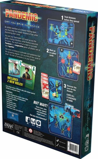 The back of the Pandemic board game box by Z-Man Games, showcasing game components and features. It includes instructions on gameplay, highlighted roles, and strategies for curing diseases. Colorful graphics illustrate the game board and pieces, emphasizing cooperative play and urgent action against global outbreaks.