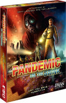 A vibrant box cover for the game 'Pandemic: On the Brink' by Z-Man Games. The artwork features a dynamic scene with characters in protective gear and a cityscape, evoking a sense of urgency and teamwork in a battle against disease. The title 'Pandemic' is prominently displayed in bold red letters, with a tagline questioning 'Can you save humanity?' This expansion adds thrilling new challenges to the classic cooperative board game.