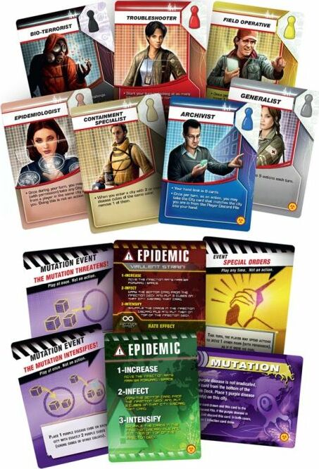 A detailed image showcasing cards from the board game 'Pandemic: On the Brink' by Z-Man Games. The image features various character cards like Bio-Terrorist, Troubleshooter, and Epidemiologist, alongside event cards indicating game scenarios such as 'Epidemic' and 'Mutation.' The visually engaging design illustrates the game's strategic elements and cooperative gameplay mechanics, aimed at uniting players against global threats.