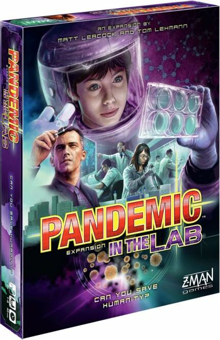 The box cover of Pandemic: In the Lab Expansion by Z-Man Games, featuring vibrant artwork. It shows four characters in medical gear with a city skyline in the background. The title 'PANDEMIC' is prominently displayed in bold red letters, along with the tagline 'CAN YOU SAVE HUMANITY?'