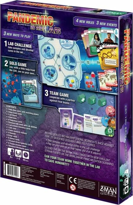 Back view of the Pandemic: In the Lab Expansion game box by Z-Man Games. Features images of game components, including lab boards, cards, and dice. Describes three ways to play: Lab Challenge, Solo Game, and Team Game. Highlights the importance of cooperation and strategy in a race against time to develop cures and save humanity.