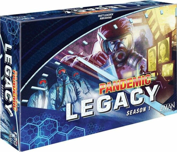 The box of Pandemic Legacy: Season 1 board game by Z-Man Games. The cover features a dynamic graphic with characters in protective suits and gas masks, set against a backdrop of futuristic technology and visuals of a health crisis. The title is prominently displayed in bold letters at the center.