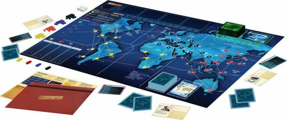 A board game setup of Pandemic Legacy: Season 1 by Z-Man Games. The game features a world map, various colored player pieces, cards, and game tokens. The board is marked with cities and connections representing the gameplay. Includes a red folder for game components and multiple components arranged around the board.