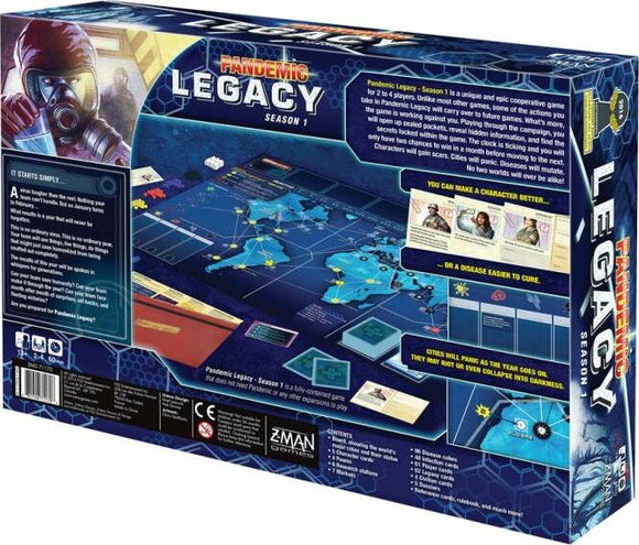 Pandemic Legacy: Season 1 game box displayed from the back. It features a colorful game board, character cards, and components. The box includes information about gameplay, showing how players can work together to combat global pandemics over multiple sessions. Descriptive graphics highlight the game’s cooperative mechanics and evolving storyline.