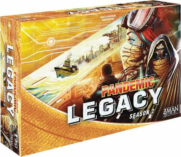 The box for the board game Pandemic Legacy: Season 2 by Z-Man Games. The design features vibrant artwork including a ship, characters in protective gear, and a futuristic cityscape, set against a golden background.