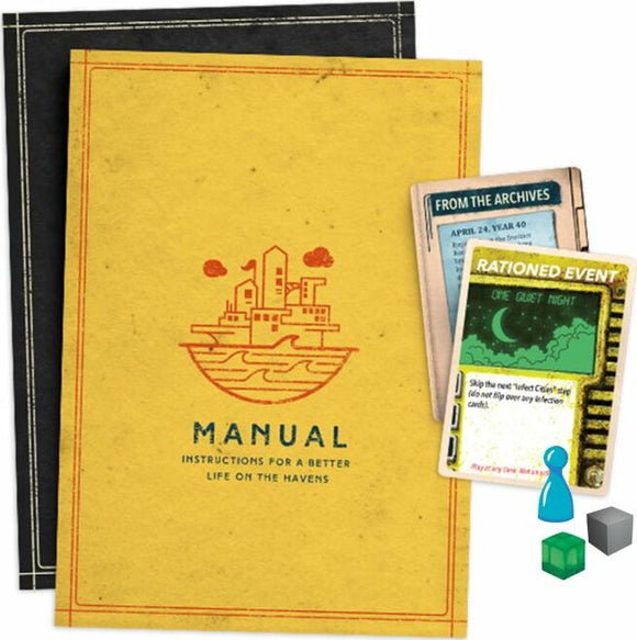 Image of Pandemic Legacy: Season 2 game components, including a yellow manual titled 'Instructions for a Better Life on the Havens,' cards labeled 'From the Archives' and 'Rationed Event,' and various colored game pieces such as cubes and a pawn. The components are designed for cooperative gameplay, providing players with a unique legacy experience.