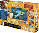 Pandemic Legacy: Season 2 game box featuring detailed illustrations and components. The back shows game mechanics, player character creation options, and a world map. It highlights cooperative gameplay where players must work together to prevent disasters in a post-apocalyptic setting.
