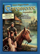 Carcassonne: Expansion 1 – Inns & Cathedrals game box featuring two characters, a knight and a woman, with a horse set against a medieval backdrop of buildings and a cathedral. The box includes an indication that the Carcassonne base game is required to play.