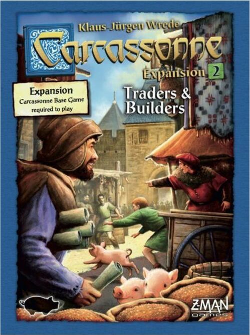 Carcassonne: Expansion 2 – Traders & Builders game box showcasing characters engaged in trading and building activities in a medieval setting. The design features vibrant illustrations, highlighting the game's theme of city development and trade. Clear branding of Z-Man Games and reference to the Carcassonne base game requirement are also present.