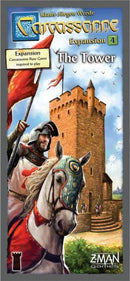 Carcassonne: Expansion 4 – The Tower box cover featuring a knight on horseback and a tall stone tower. The knight is wearing ornate armor and a helmet with a colorful design. The background shows a blue sky with birds flying above.