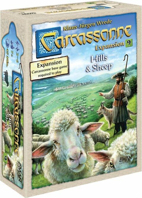 Carcassonne: Expansion 9 – Hills & Sheep board game box featuring a pastoral scene with sheep and a shepherd. The packaging includes the title and indicates that the base game is required to play, highlighting the expansion's agricultural theme.