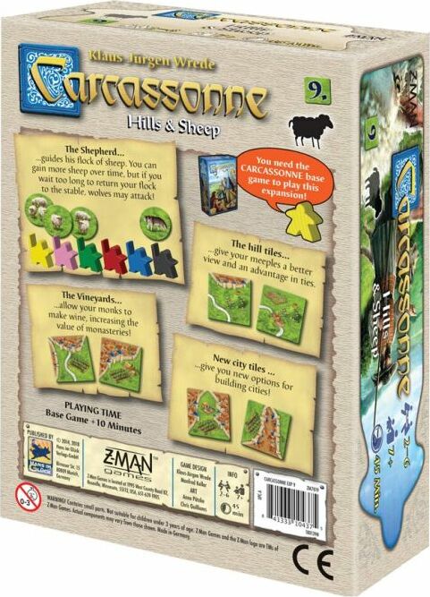 The back of the Carcassonne: Expansion 9 - Hills & Sheep game box featuring colorful tiles and gameplay instructions. Illustrations include sheep, vineyards, and hills with game pieces. The game is published by Z-Man and is designed to enhance the gameplay of the base Carcassonne game.