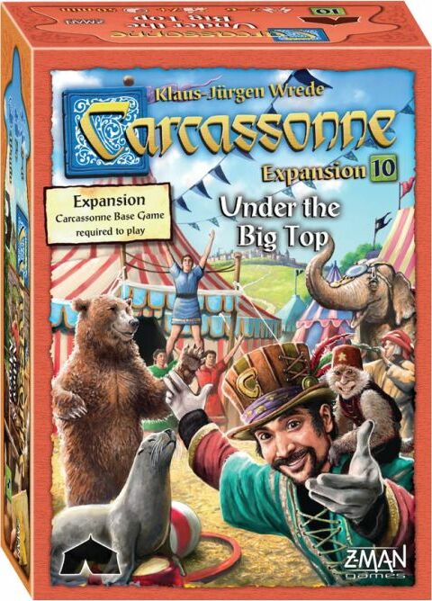 Carcassonne: Expansion 10 – Under the Big Top game box featuring whimsical circus artwork, including a jester, a bear, and various circus performers. Bright colors and playful illustrations represent the expansion's theme, inviting players to enjoy new adventures with the popular Carcassonne tile-laying game.