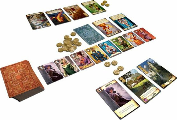 Citadels Revised Edition by Z-Man, featuring a colorful array of character and location cards spread across a tabletop. Coins are arranged neatly as players strategize. The game box is partially visible, showcasing its detailed design. This engaging strategy card game involves players taking on different roles to build their medieval city.