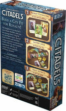 The Citadels Revised Edition game box by Z-Man featuring an intricate design. The back of the box displays the game instructions, showcasing the three main actions: recruiting characters, gathering gold, and building districts. It highlights components including 27 unique characters, sculpted plastic pieces, and cards, all set against a vibrant backdrop.