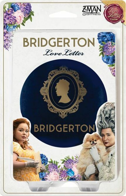 Love Letter Bridgerton game by Z-Man, featuring a decorative package with floral accents. The design includes silhouettes and characters reminiscent of the Bridgerton series, set against a rich blue background.