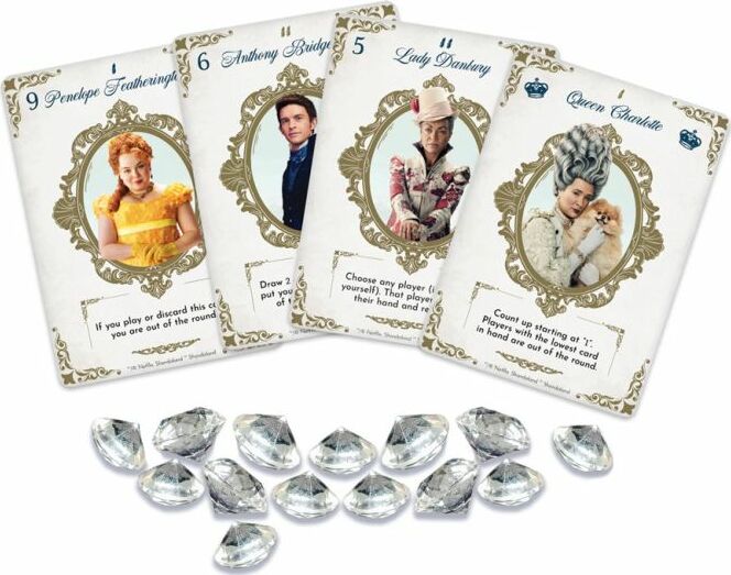 The Love Letter Bridgerton game by Z-Man features colorful character cards depicting Penelope Featherington, Anthony Bridgerton, Lady Danbury, and Queen Charlotte, surrounded by sparkling diamond-shaped tokens. This engaging game involves strategic play, where players aim to eliminate opponents while collecting the highest cards.