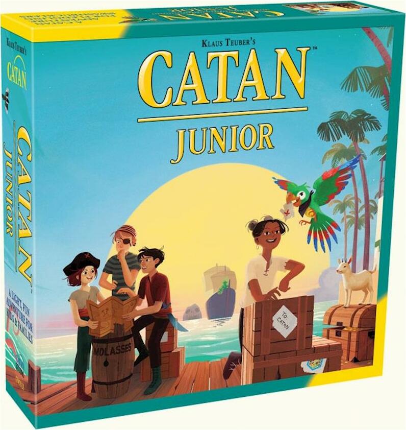 The game box for Catan: Junior features colorful illustrations of children on a dock, engaging with barrels, treasure chests, and a parrot against a backdrop of the sea and palm trees, inviting young players to explore and strategize.