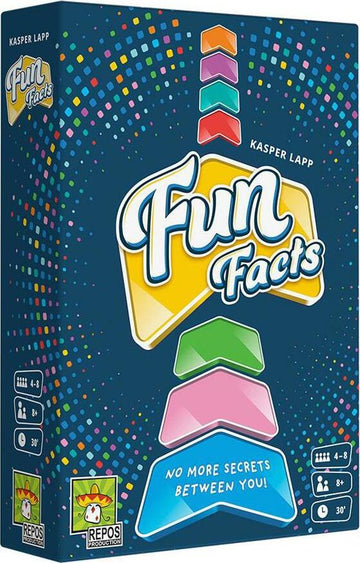 Colorful packaging of the Fun Facts game by Repos Production, featuring the title prominently in blue and yellow, surrounded by vibrant dots and shapes. The box is designed for 4 to 8 players aged 8 and up, emphasizing fun and interaction with the tagline 'No More Secrets Between You!' and a playtime of 30 minutes.